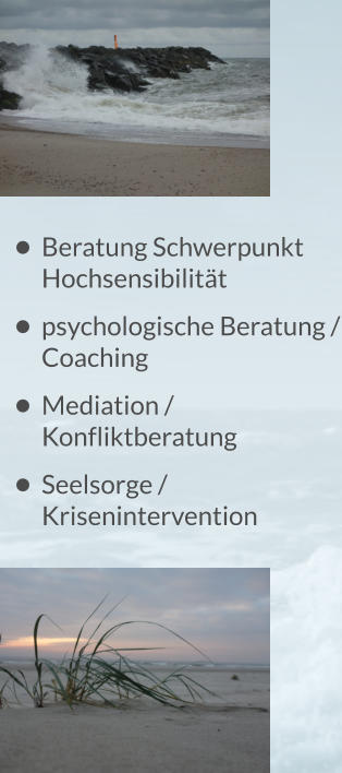 •	Beratung Schwerpunkt Hochsensibilität •	psychologische Beratung / Coaching •	Mediation / Konfliktberatung •	Seelsorge / Krisenintervention